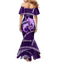 Polynesian Shark Valentine Day Family Matching Mermaid Dress and Hawaiian Shirt Hibiscus and Tribal Tattoo Purple Style LT03 - Polynesian Pride