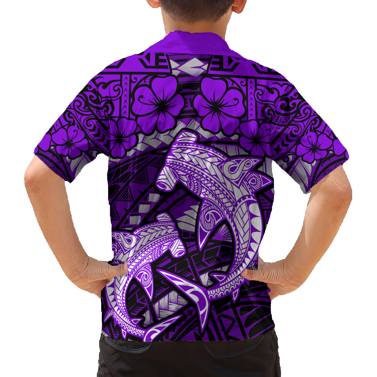 Polynesian Shark Valentine Day Family Matching Off Shoulder Long Sleeve Dress and Hawaiian Shirt Hibiscus and Tribal Tattoo Purple Style LT03 - Polynesian Pride