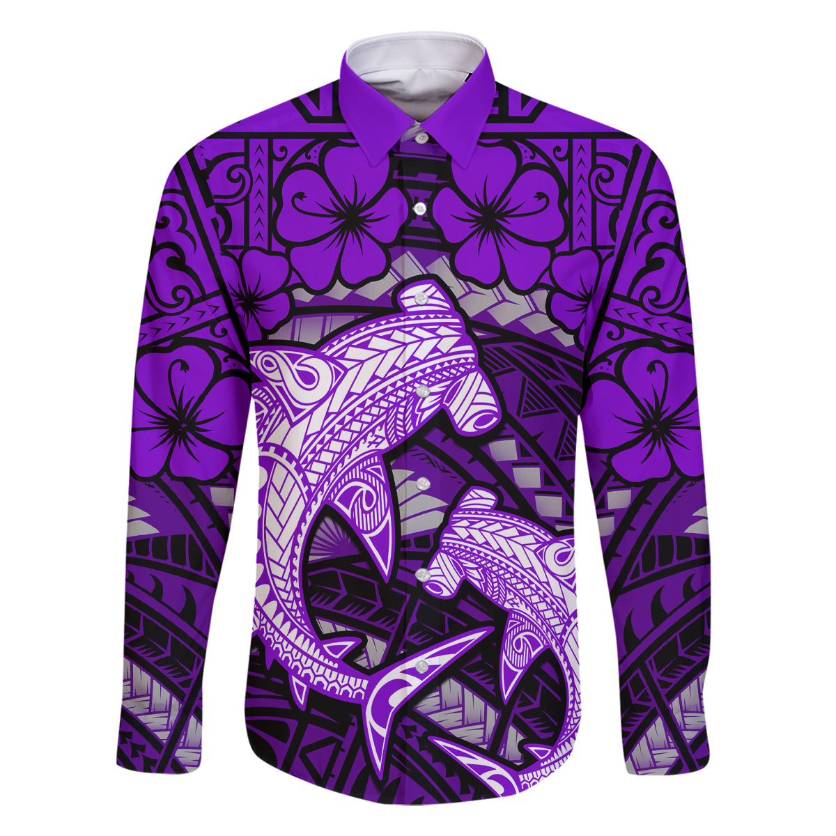 Polynesian Shark Valentine Day Family Matching Off Shoulder Long Sleeve Dress and Hawaiian Shirt Hibiscus and Tribal Tattoo Purple Style LT03 Dad's Shirt - Long Sleeve Purple - Polynesian Pride