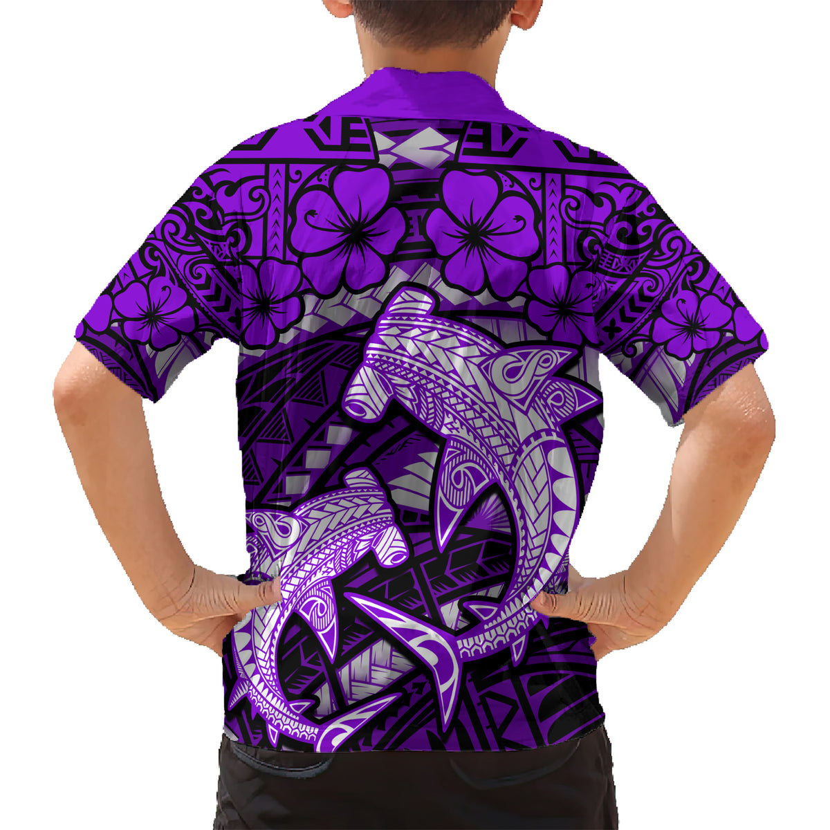 Polynesian Shark Valentine Day Kid Hawaiian Shirt Hibiscus and Tribal Tattoo Purple Style LT03 - Polynesian Pride