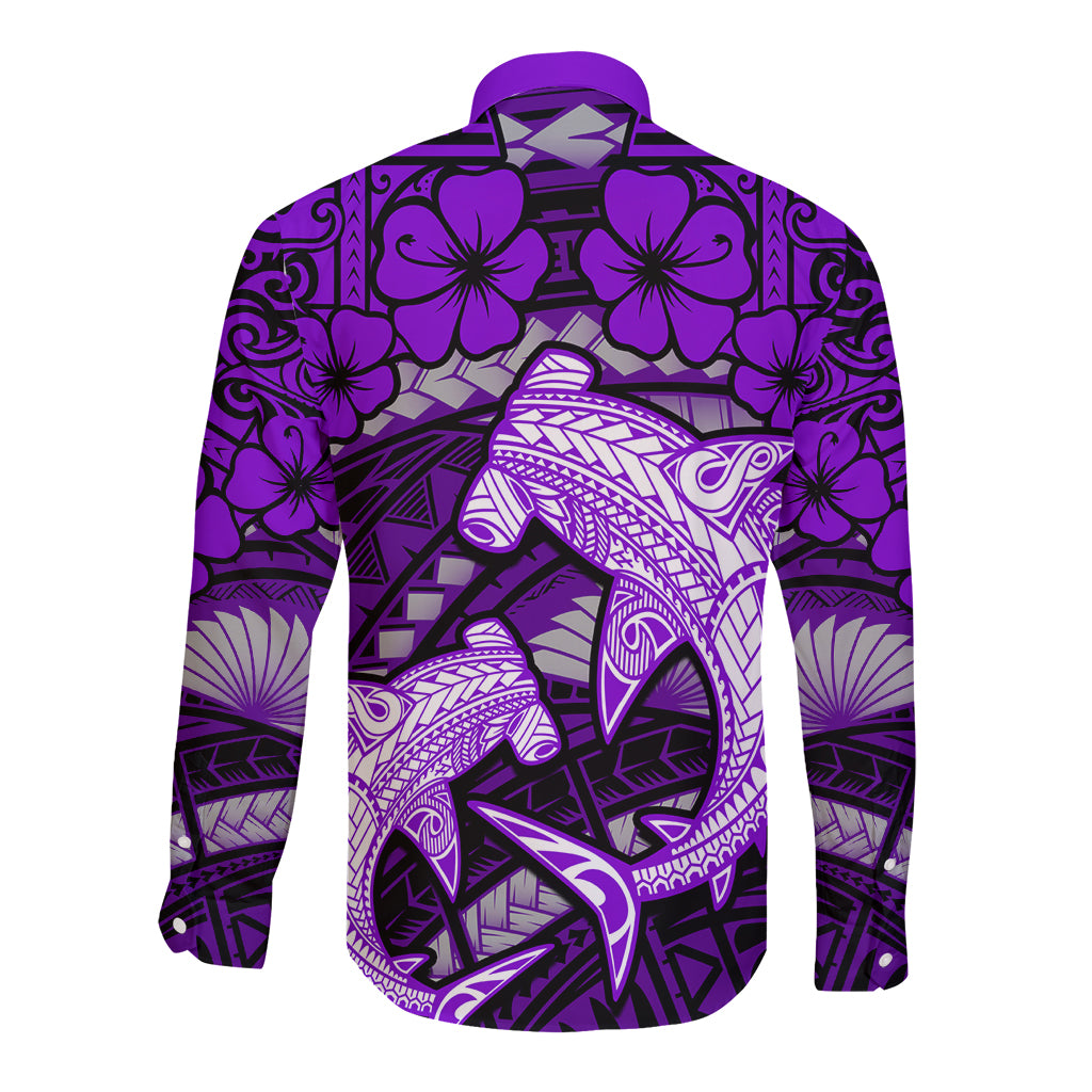 Polynesian Shark Valentine Day Long Sleeve Button Shirt Hibiscus and Tribal Tattoo Purple Style LT03 - Polynesian Pride