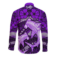 Polynesian Shark Valentine Day Long Sleeve Button Shirt Hibiscus and Tribal Tattoo Purple Style LT03 - Polynesian Pride
