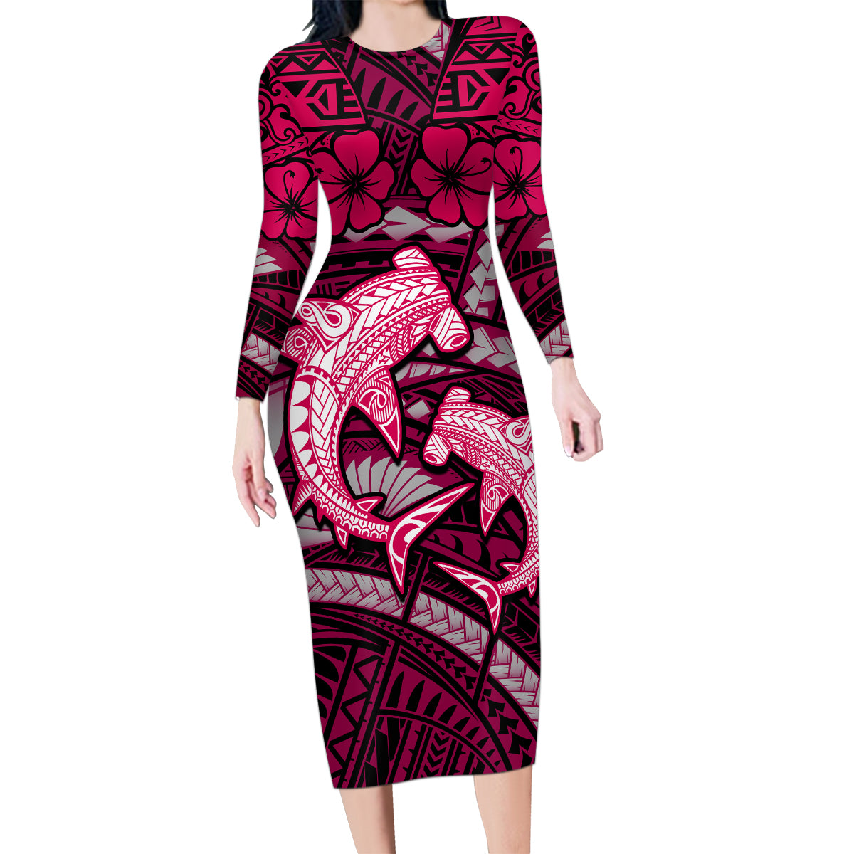 Polynesian Shark Valentine Day Family Matching Long Sleeve Bodycon Dress and Hawaiian Shirt Hibiscus and Tribal Tattoo Pink Style LT03 Mom's Dress Pink - Polynesian Pride