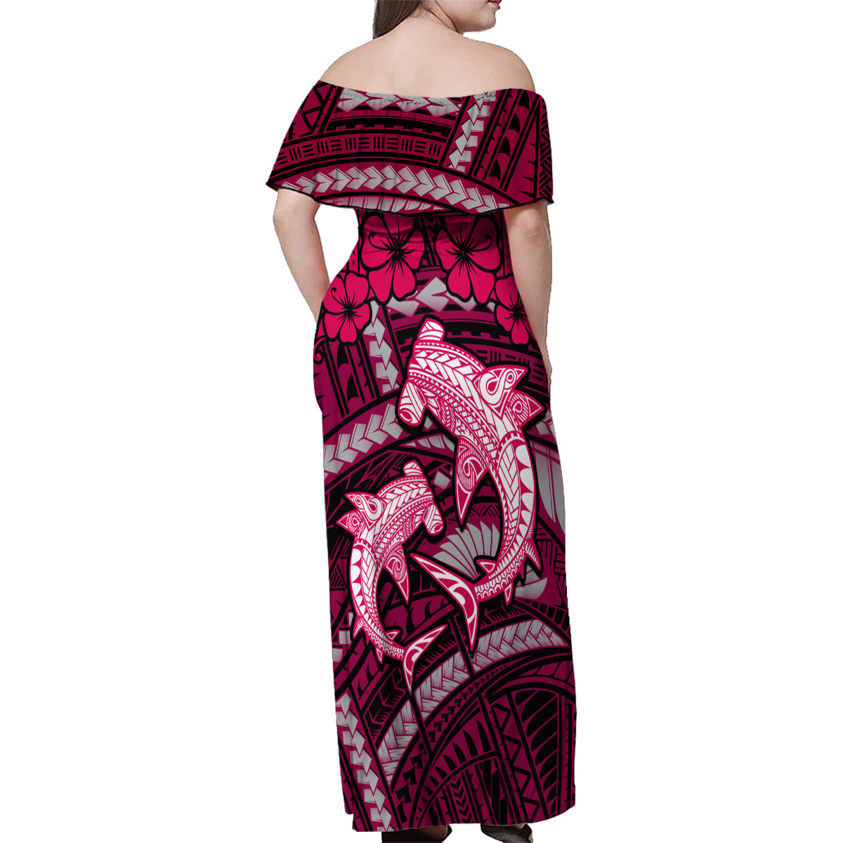 Polynesian Shark Valentine Day Family Matching Off Shoulder Maxi Dress and Hawaiian Shirt Hibiscus and Tribal Tattoo Pink Style LT03 - Polynesian Pride