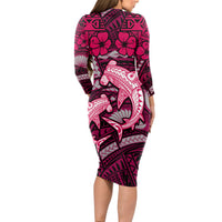 Polynesian Shark Valentine Day Long Sleeve Bodycon Dress Hibiscus and Tribal Tattoo Pink Style LT03 - Polynesian Pride