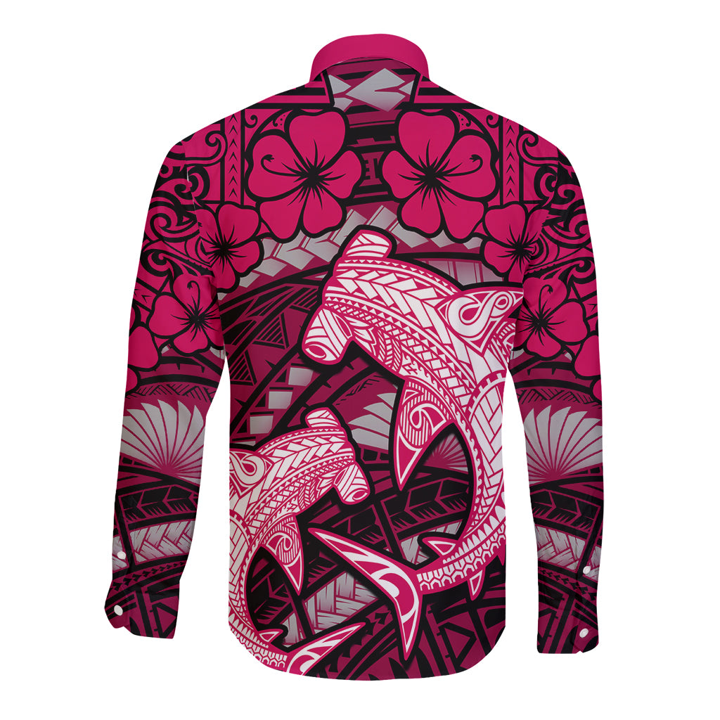 Polynesian Shark Valentine Day Long Sleeve Button Shirt Hibiscus and Tribal Tattoo Pink Style LT03 - Polynesian Pride