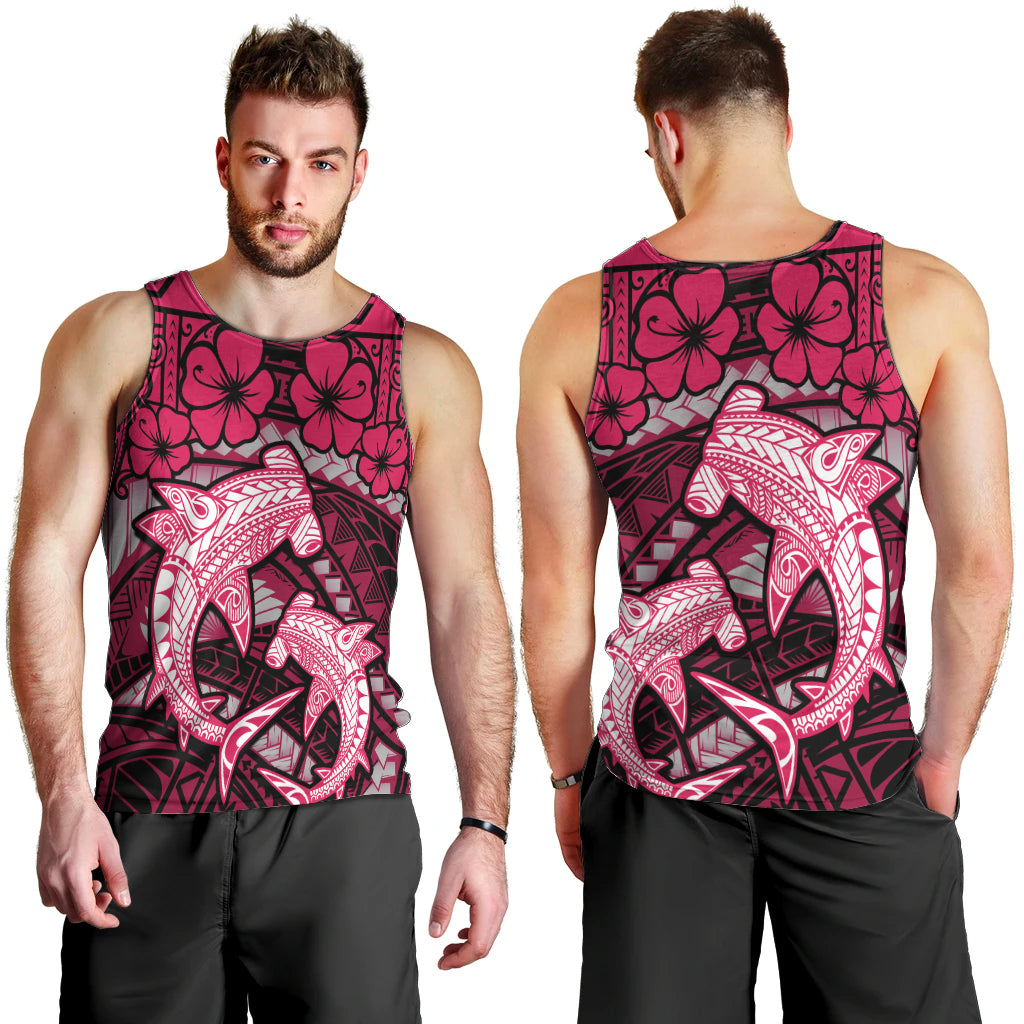 Polynesian Shark Valentine Day Men Tank Top Hibiscus and Tribal Tattoo Pink Style LT03 - Polynesian Pride