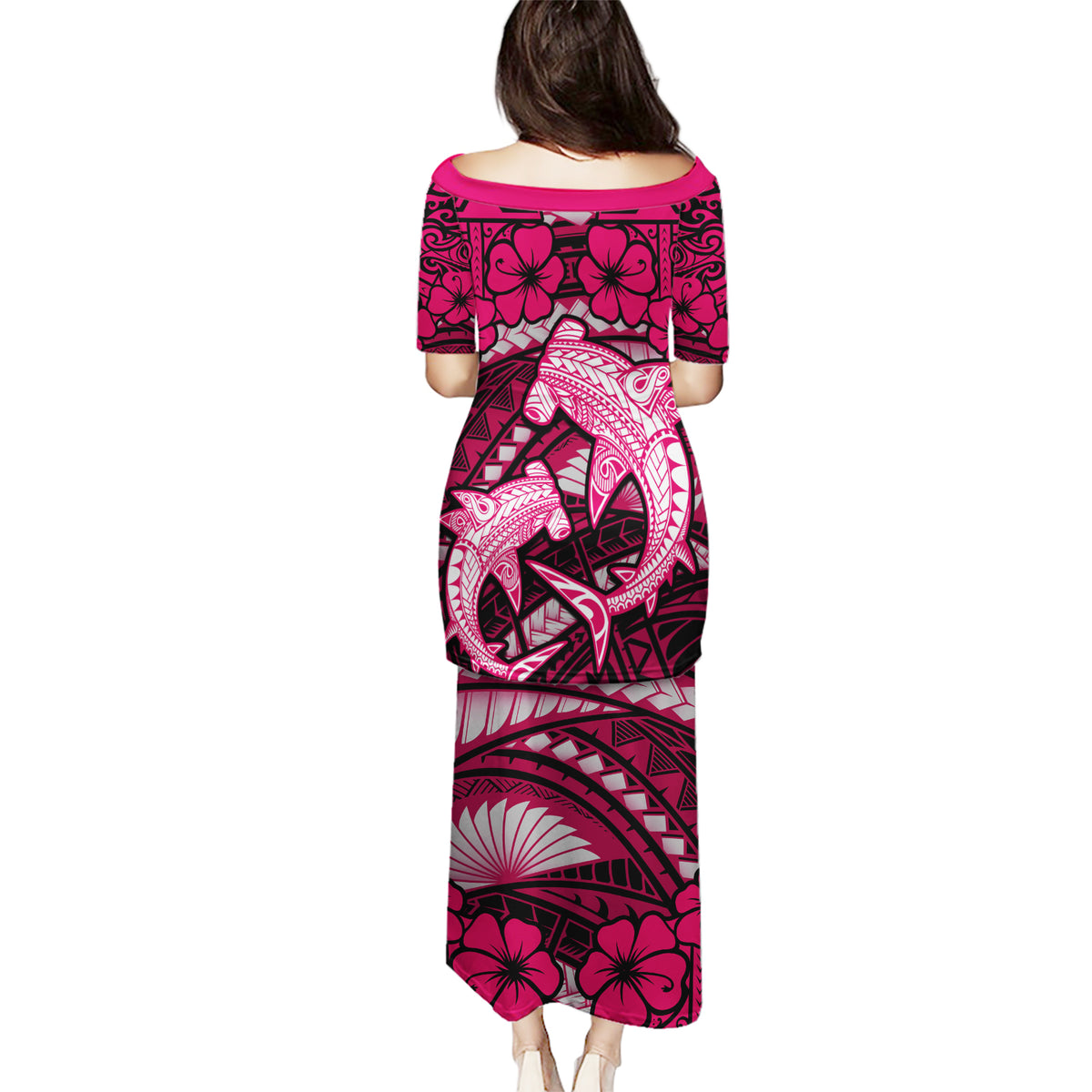 Polynesian Shark Valentine Day Puletasi Hibiscus and Tribal Tattoo Pink Style LT03 - Polynesian Pride