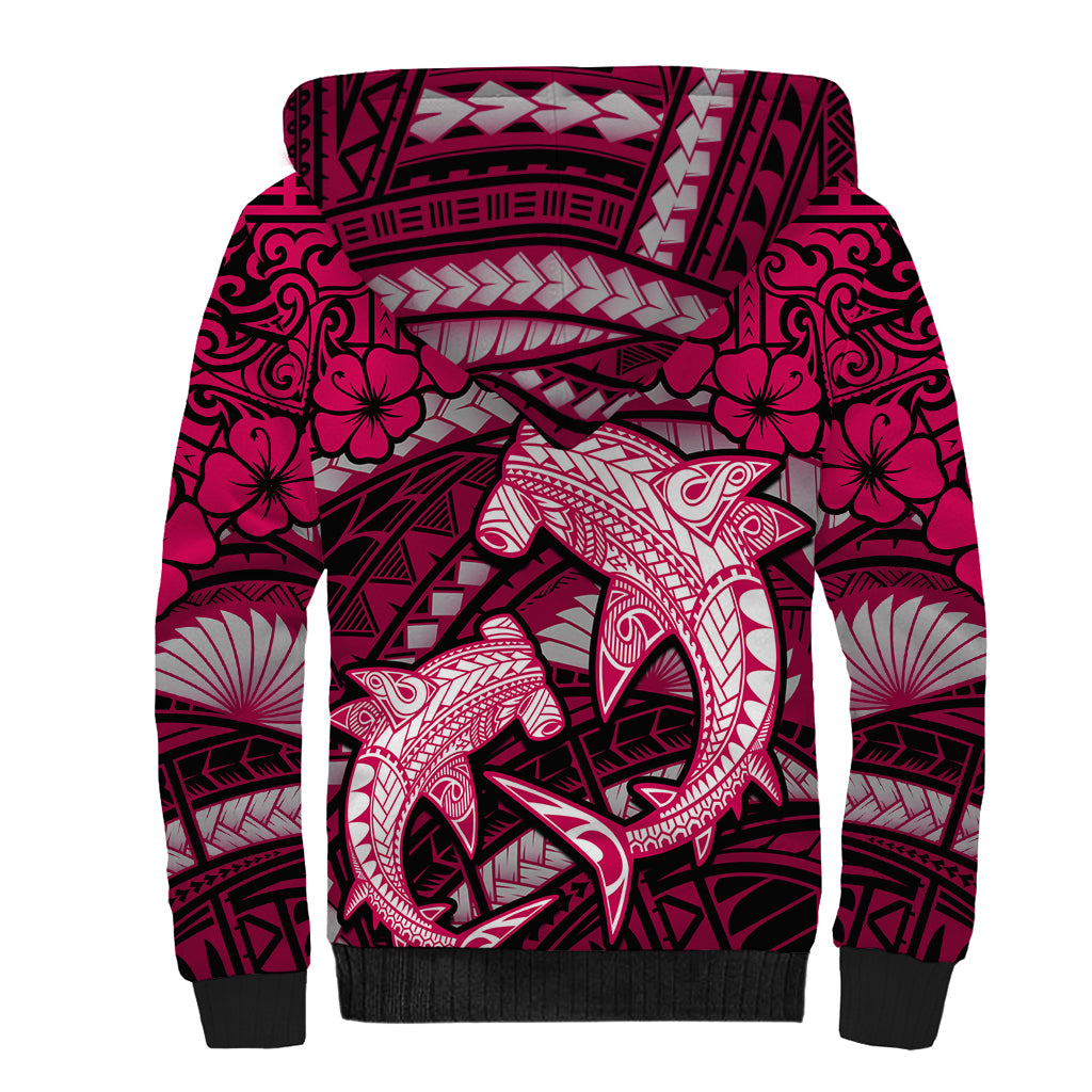 Polynesian Shark Valentine Day Sherpa Hoodie Hibiscus and Tribal Tattoo Pink Style LT03 - Polynesian Pride