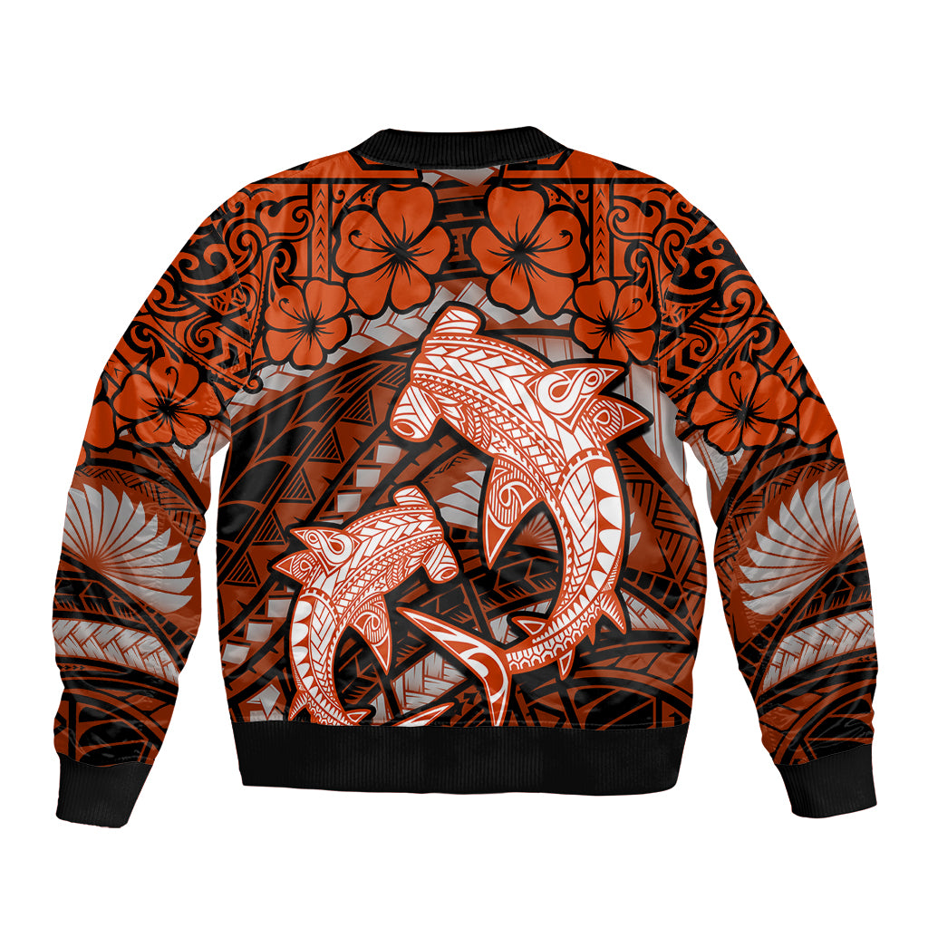 Polynesian Shark Valentine Day Bomber Jacket Hibiscus and Tribal Tattoo Orange Style LT03 - Polynesian Pride