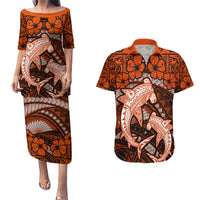 Polynesian Shark Valentine Day Couples Matching Puletasi and Hawaiian Shirt Hibiscus and Tribal Tattoo Orange Style LT03 Orange - Polynesian Pride
