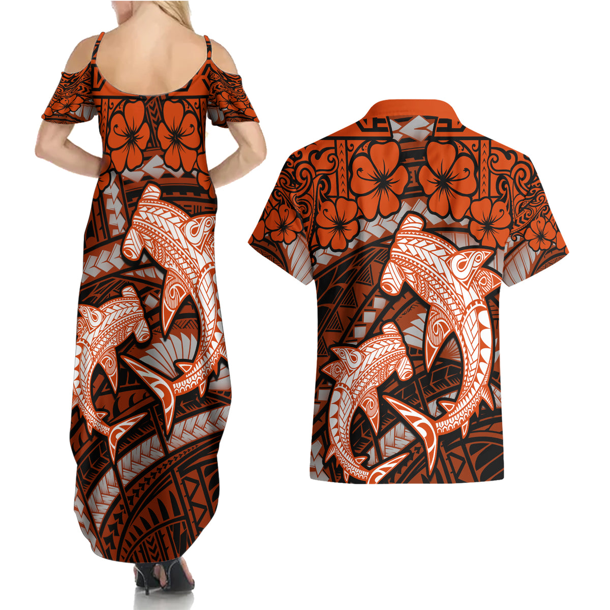 Polynesian Shark Valentine Day Couples Matching Summer Maxi Dress and Hawaiian Shirt Hibiscus and Tribal Tattoo Orange Style LT03 - Polynesian Pride