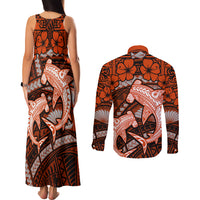Polynesian Shark Valentine Day Couples Matching Tank Maxi Dress and Long Sleeve Button Shirt Hibiscus and Tribal Tattoo Orange Style LT03 - Polynesian Pride