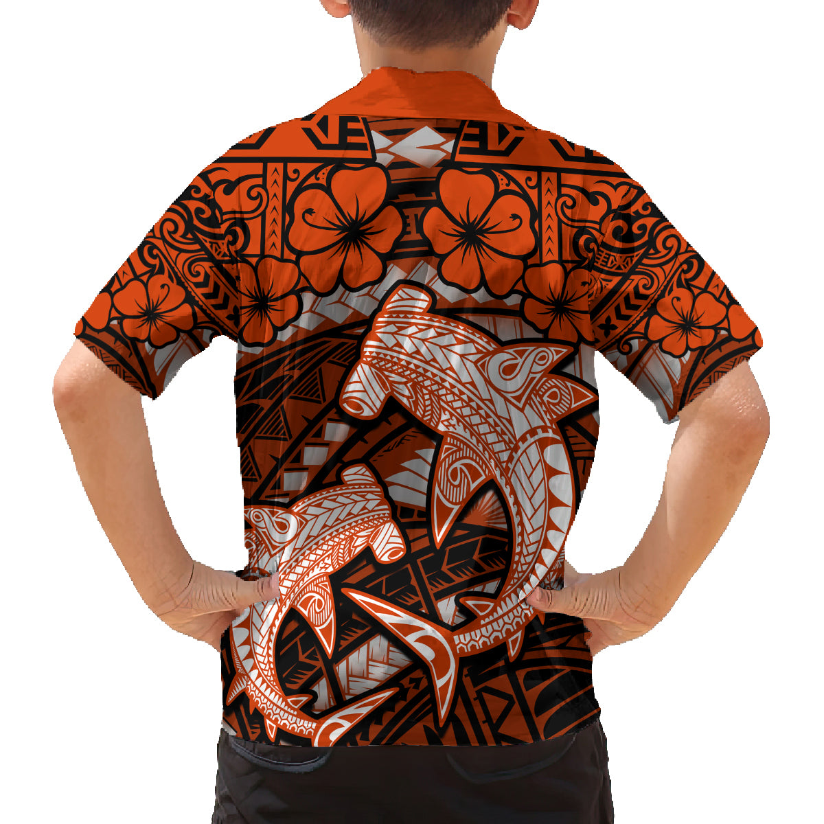 Polynesian Shark Valentine Day Family Matching Off Shoulder Long Sleeve Dress and Hawaiian Shirt Hibiscus and Tribal Tattoo Orange Style LT03 - Polynesian Pride