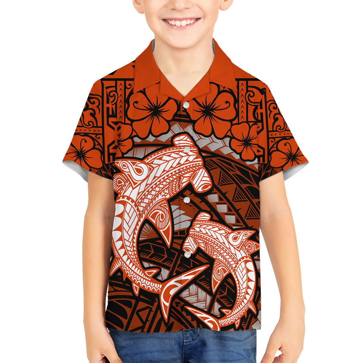 Polynesian Shark Valentine Day Family Matching Off Shoulder Long Sleeve Dress and Hawaiian Shirt Hibiscus and Tribal Tattoo Orange Style LT03 Son's Shirt Orange - Polynesian Pride
