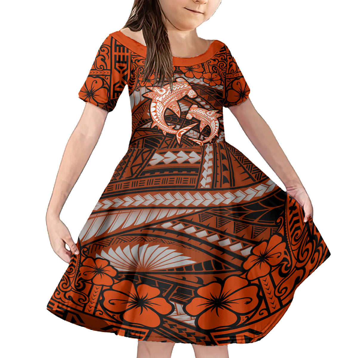 Polynesian Shark Valentine Day Family Matching Off Shoulder Short Dress and Hawaiian Shirt Hibiscus and Tribal Tattoo Orange Style LT03 Daughter's Dress Orange - Polynesian Pride