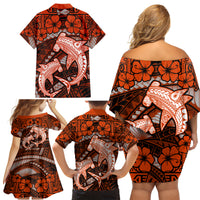 Polynesian Shark Valentine Day Family Matching Off Shoulder Short Dress and Hawaiian Shirt Hibiscus and Tribal Tattoo Orange Style LT03 - Polynesian Pride