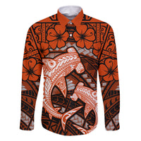Polynesian Shark Valentine Day Family Matching Off Shoulder Short Dress and Hawaiian Shirt Hibiscus and Tribal Tattoo Orange Style LT03 Dad's Shirt - Long Sleeve Orange - Polynesian Pride