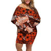 Polynesian Shark Valentine Day Family Matching Off Shoulder Short Dress and Hawaiian Shirt Hibiscus and Tribal Tattoo Orange Style LT03 Mom's Dress Orange - Polynesian Pride