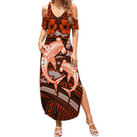 Polynesian Shark Valentine Day Family Matching Summer Maxi Dress and Hawaiian Shirt Hibiscus and Tribal Tattoo Orange Style LT03 Mom's Dress Orange - Polynesian Pride