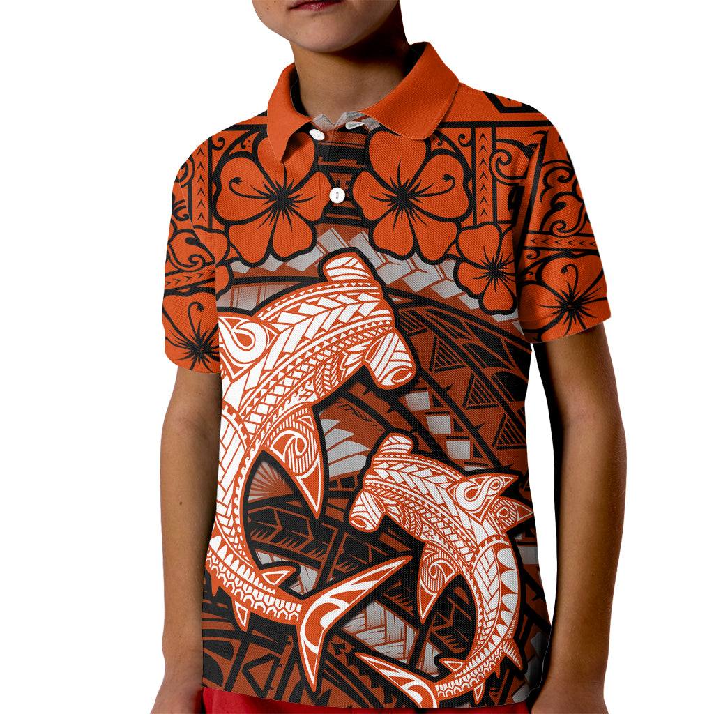 Polynesian Shark Valentine Day Kid Polo Shirt Hibiscus and Tribal Tattoo Orange Style LT03 Kid Orange - Polynesian Pride