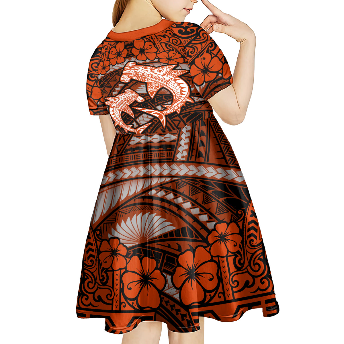 Polynesian Shark Valentine Day Kid Short Sleeve Dress Hibiscus and Tribal Tattoo Orange Style LT03 - Polynesian Pride