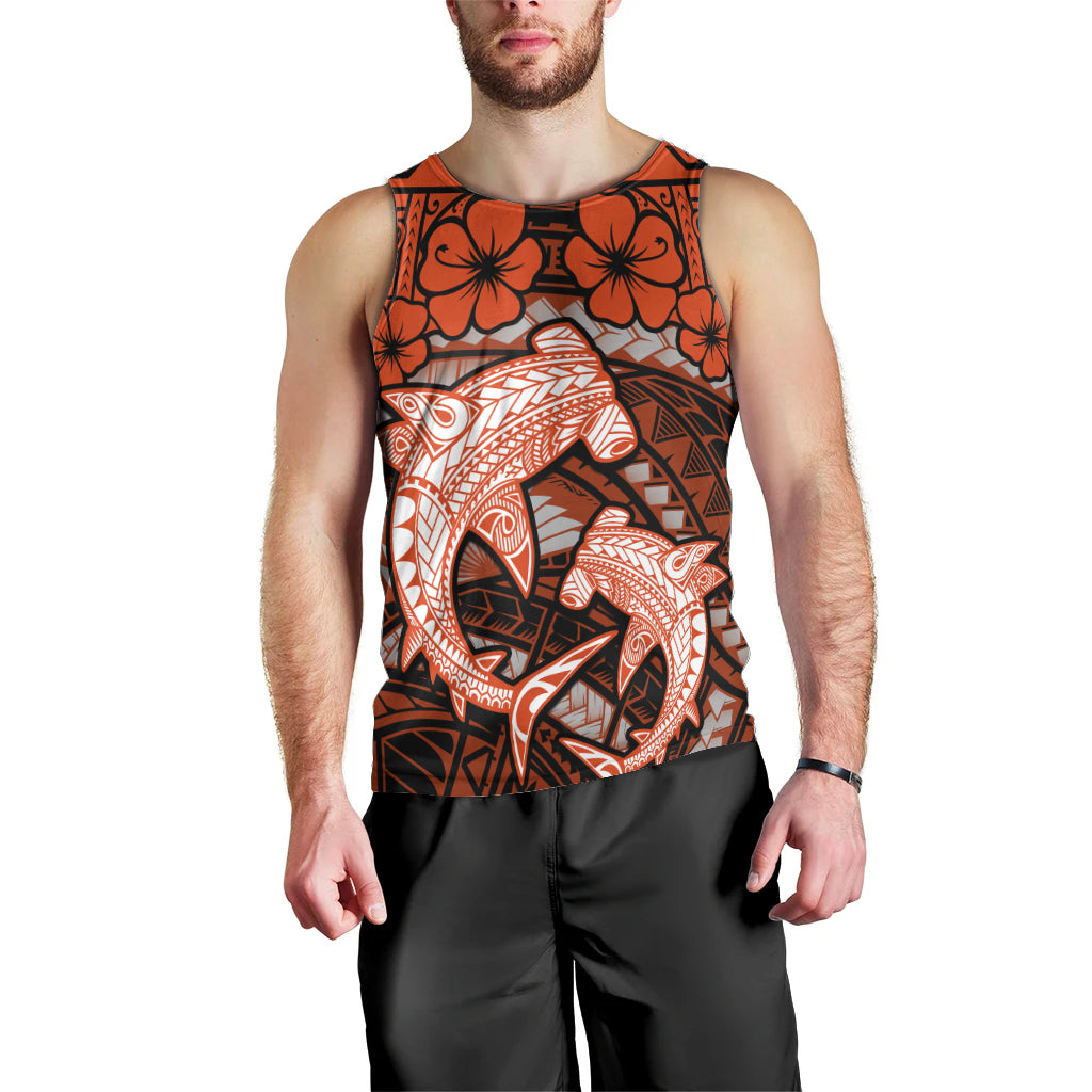 Polynesian Shark Valentine Day Men Tank Top Hibiscus and Tribal Tattoo Orange Style LT03 - Polynesian Pride
