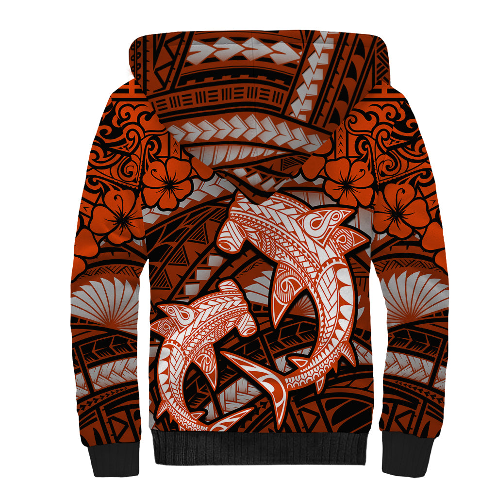 Polynesian Shark Valentine Day Sherpa Hoodie Hibiscus and Tribal Tattoo Orange Style LT03 - Polynesian Pride