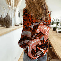 Polynesian Shark Valentine Day Women Casual Shirt Hibiscus and Tribal Tattoo Orange Style LT03 - Polynesian Pride