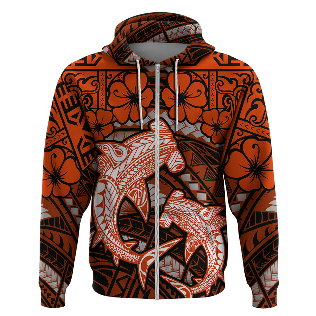 Polynesian Shark Valentine Day Zip Hoodie Hibiscus and Tribal Tattoo Orange Style LT03 Zip Hoodie Orange - Polynesian Pride
