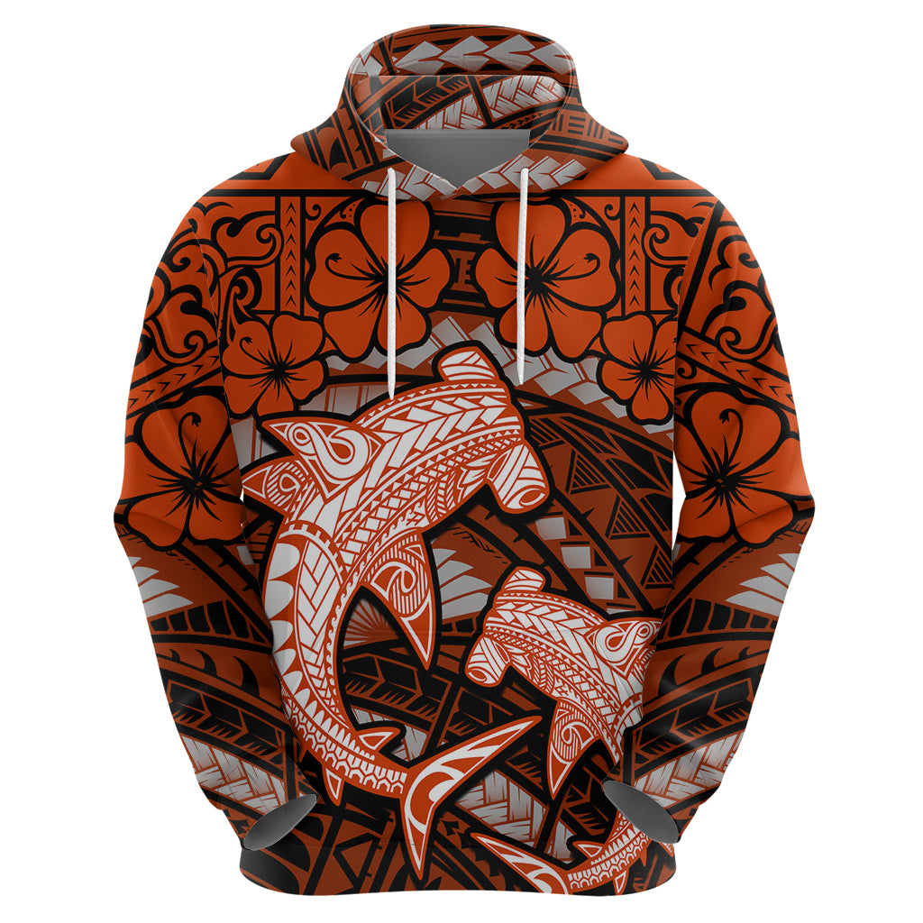 Polynesian Shark Valentine Day Zip Hoodie Hibiscus and Tribal Tattoo Orange Style LT03 - Polynesian Pride