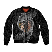 New Zealand Valentine Day Bomber Jacket Aotearoa Warrior and Woman Love Heart Maori Pattern LT03 Unisex Black - Polynesian Pride