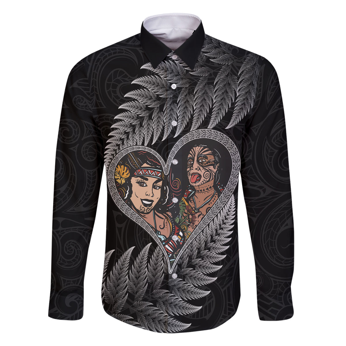 New Zealand Valentine Day Family Matching Off Shoulder Short Dress and Hawaiian Shirt Aotearoa Warrior and Woman Love Heart Maori Pattern LT03 Dad's Shirt - Long Sleeve Black - Polynesian Pride