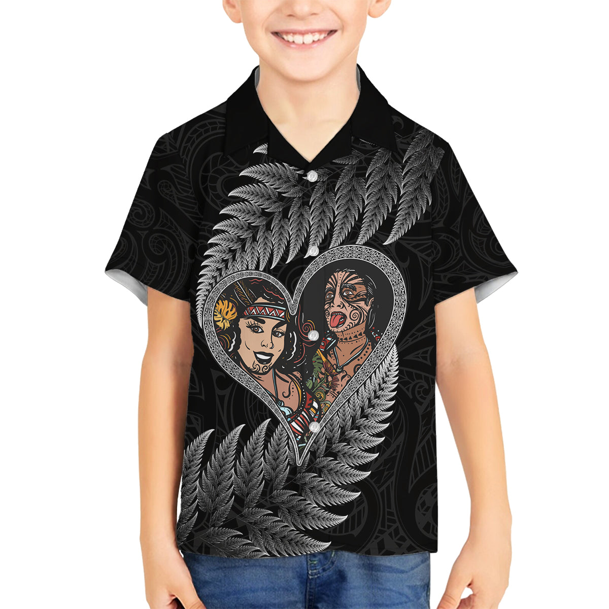 New Zealand Valentine Day Family Matching Summer Maxi Dress and Hawaiian Shirt Aotearoa Warrior and Woman Love Heart Maori Pattern LT03 Son's Shirt Black - Polynesian Pride