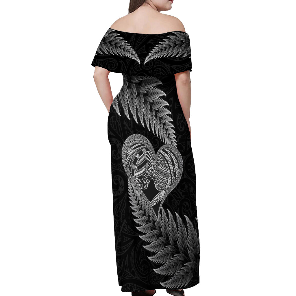New Zealand Valentine Day Off Shoulder Maxi Dress Aotearoa Warrior and Woman Love Heart Maori Pattern LT03 - Polynesian Pride