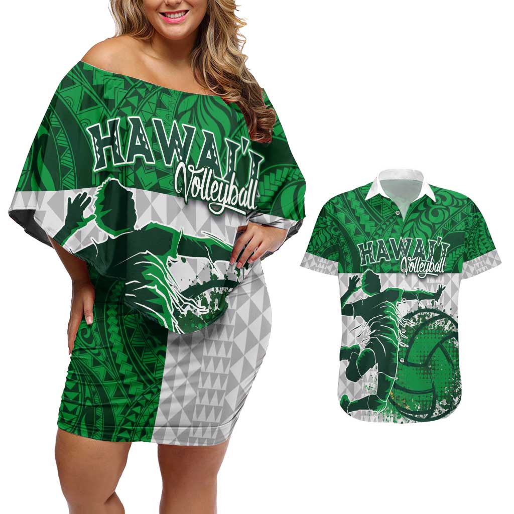 Custom Hawaii Volleyball-Kakau Motif Green Color Couples Matching Off Shoulder Short Dress and Hawaiian Shirt