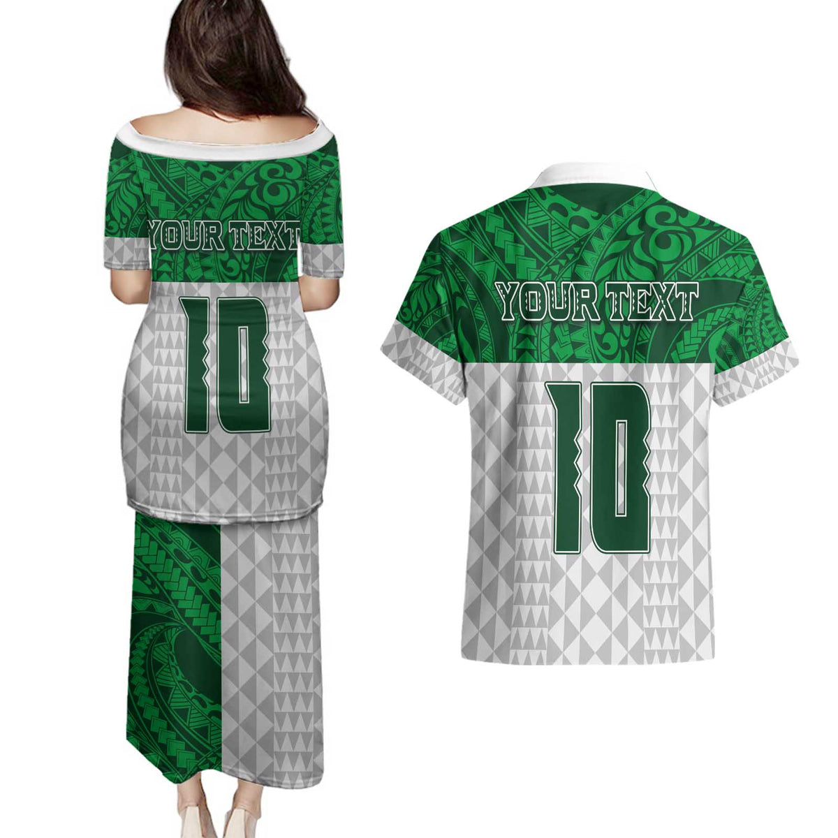 Custom Hawaii Volleyball-Kakau Motif Green Color Couples Matching Puletasi and Hawaiian Shirt