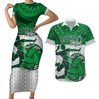Custom Hawaii Volleyball-Kakau Motif Green Color Couples Matching Short Sleeve Bodycon Dress and Hawaiian Shirt