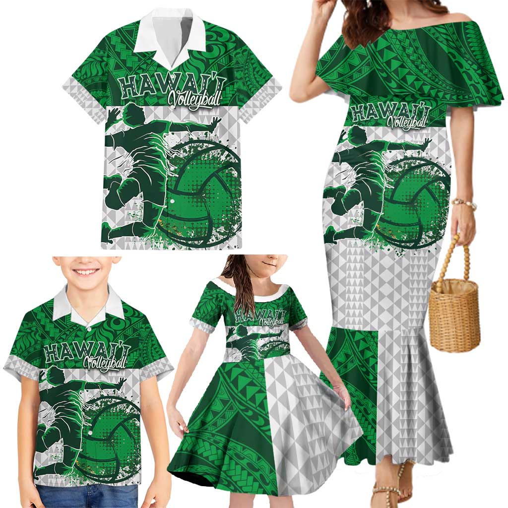 Custom Hawaii Volleyball-Kakau Motif Green Color Family Matching Mermaid Dress and Hawaiian Shirt