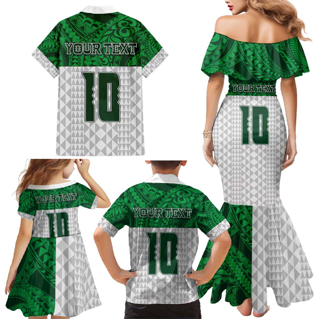 Custom Hawaii Volleyball-Kakau Motif Green Color Family Matching Mermaid Dress and Hawaiian Shirt
