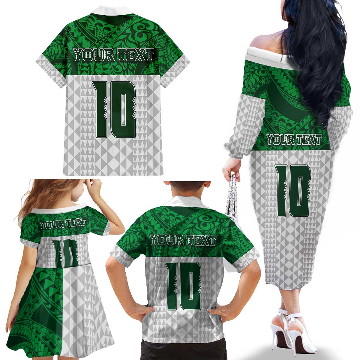 Custom Hawaii Volleyball-Kakau Motif Green Color Family Matching Off The Shoulder Long Sleeve Dress and Hawaiian Shirt