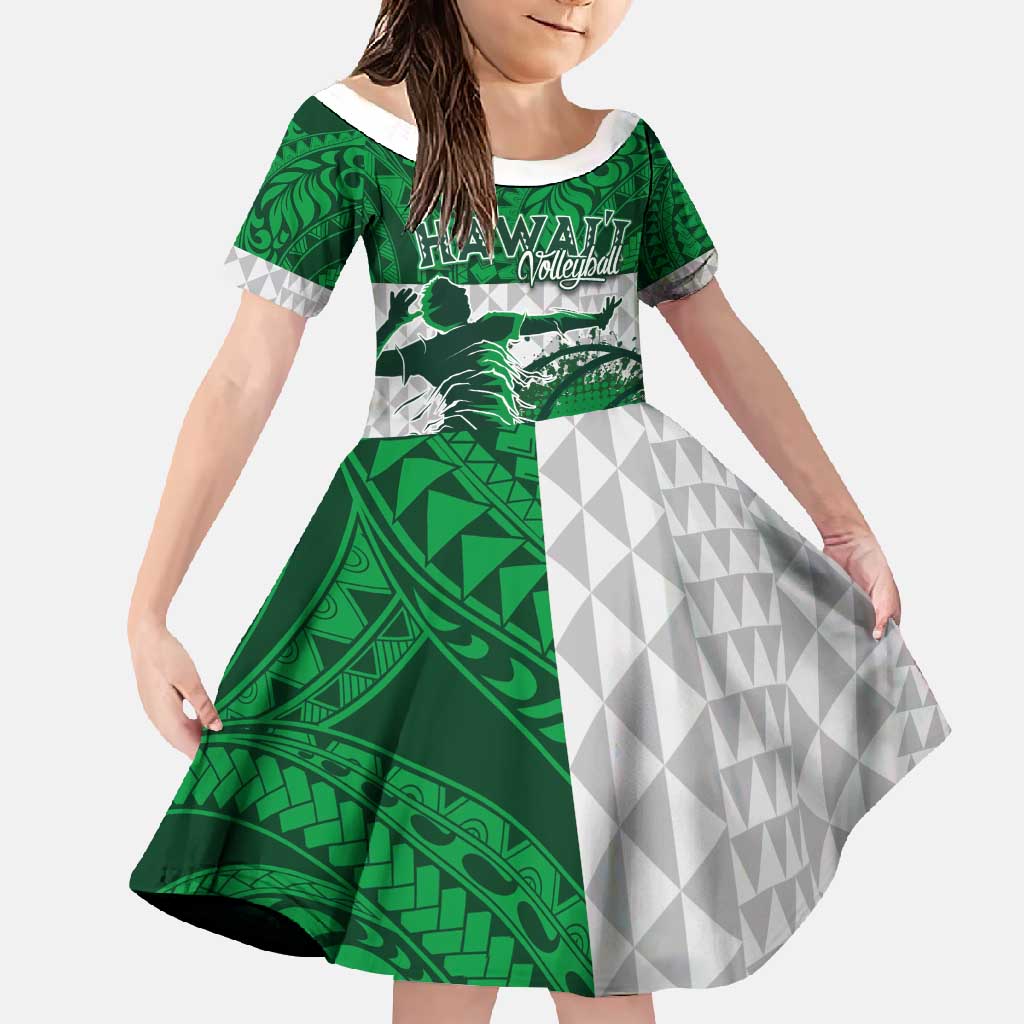 Custom Hawaii Volleyball-Kakau Motif Green Color Family Matching Off Shoulder Maxi Dress and Hawaiian Shirt