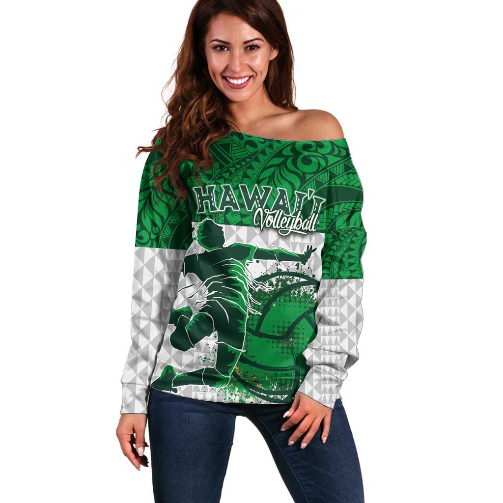 Custom Hawaii Volleyball-Kakau Motif Green Color Off Shoulder Sweater LT03 Women Green - Polynesian Pride