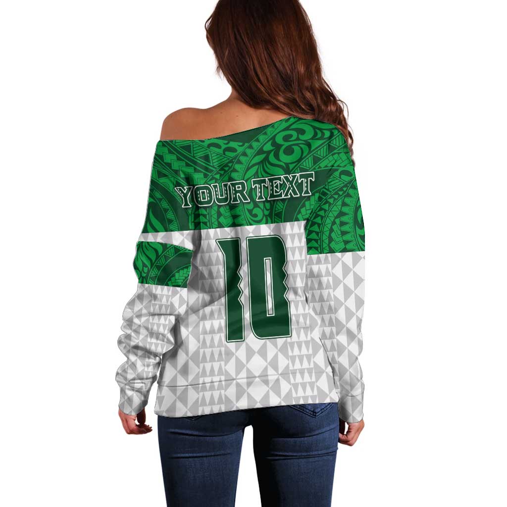 Custom Hawaii Volleyball-Kakau Motif Green Color Off Shoulder Sweater LT03 - Polynesian Pride