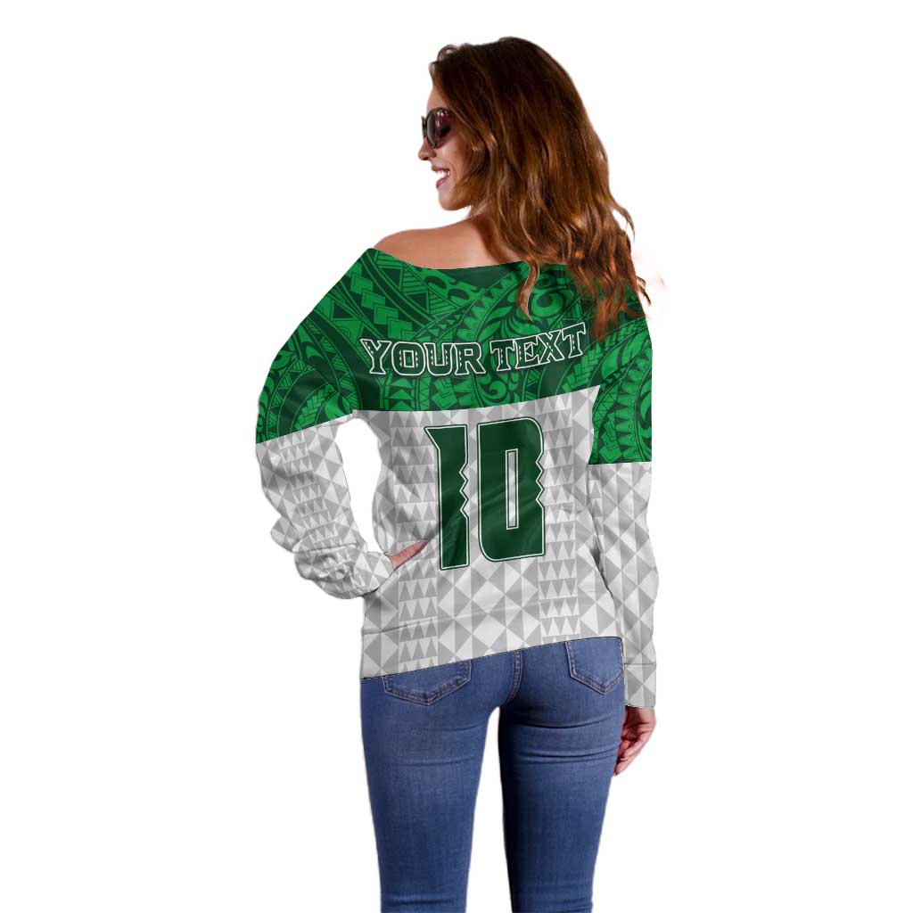 Custom Hawaii Volleyball-Kakau Motif Green Color Off Shoulder Sweater LT03 - Polynesian Pride