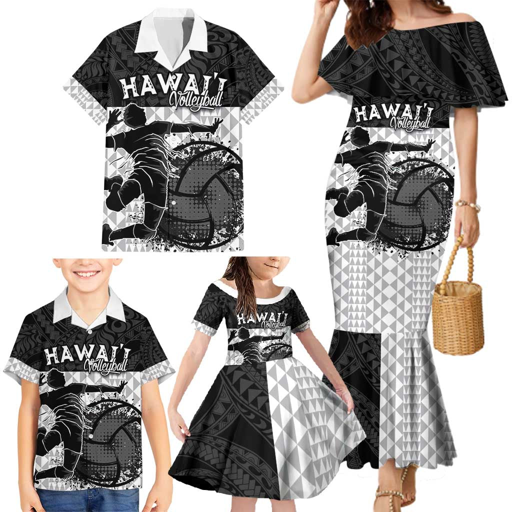 Custom Hawaii Volleyball-Kakau Motif Grayscale Color Family Matching Mermaid Dress and Hawaiian Shirt