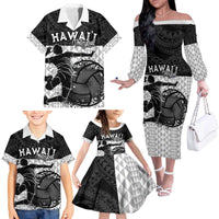 Custom Hawaii Volleyball-Kakau Motif Grayscale Color Family Matching Off The Shoulder Long Sleeve Dress and Hawaiian Shirt