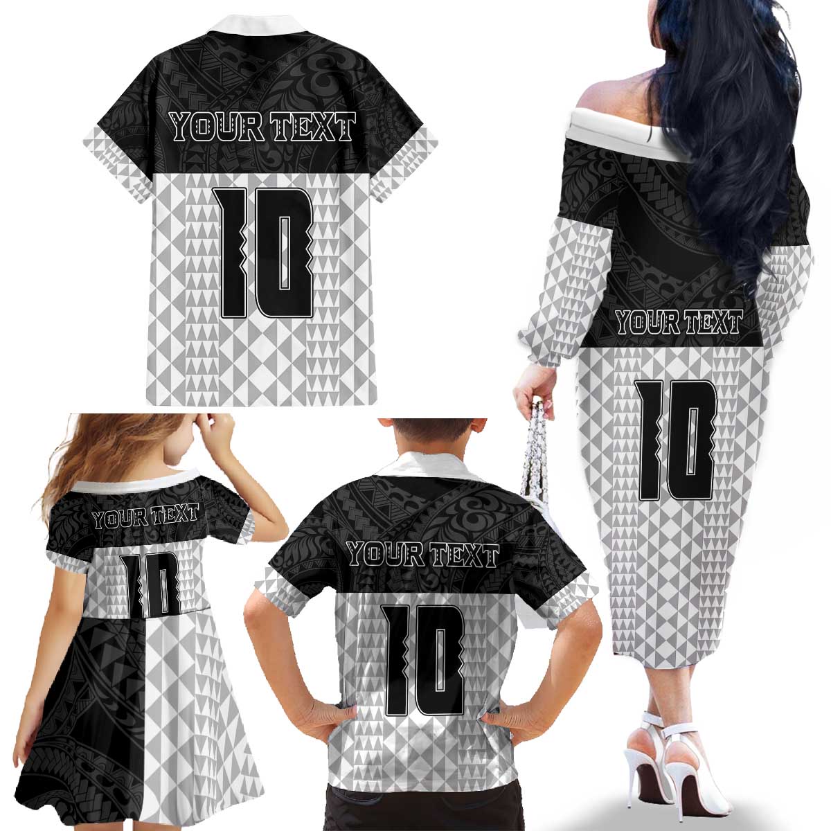 Custom Hawaii Volleyball-Kakau Motif Grayscale Color Family Matching Off The Shoulder Long Sleeve Dress and Hawaiian Shirt