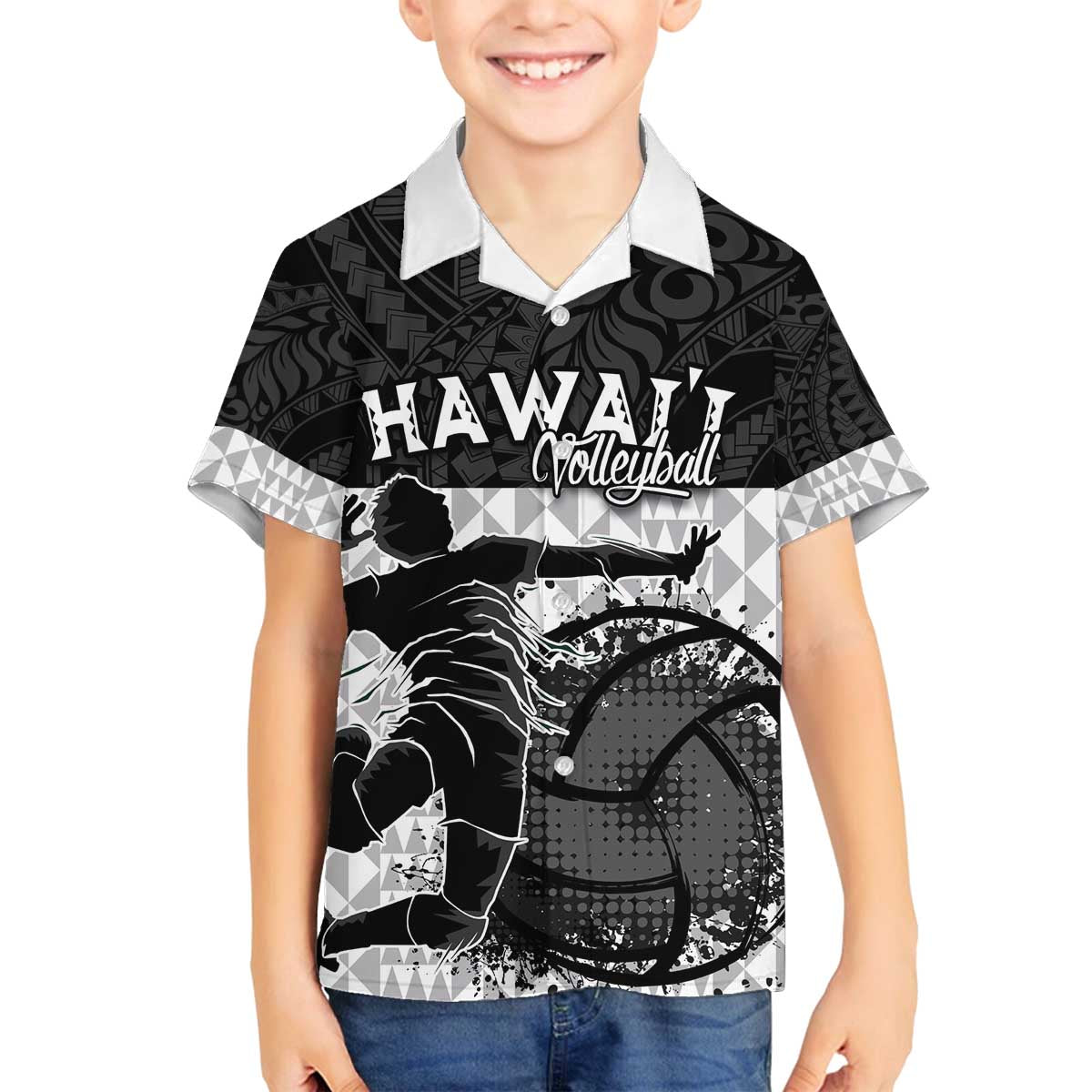 Custom Hawaii Volleyball-Kakau Motif Grayscale Color Family Matching Off The Shoulder Long Sleeve Dress and Hawaiian Shirt