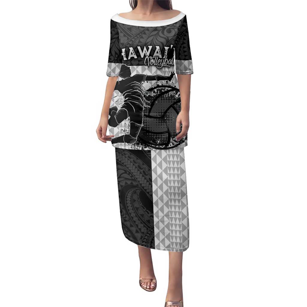 Custom Hawaii Volleyball-Kakau Motif Grayscale Color Family Matching Puletasi and Hawaiian Shirt